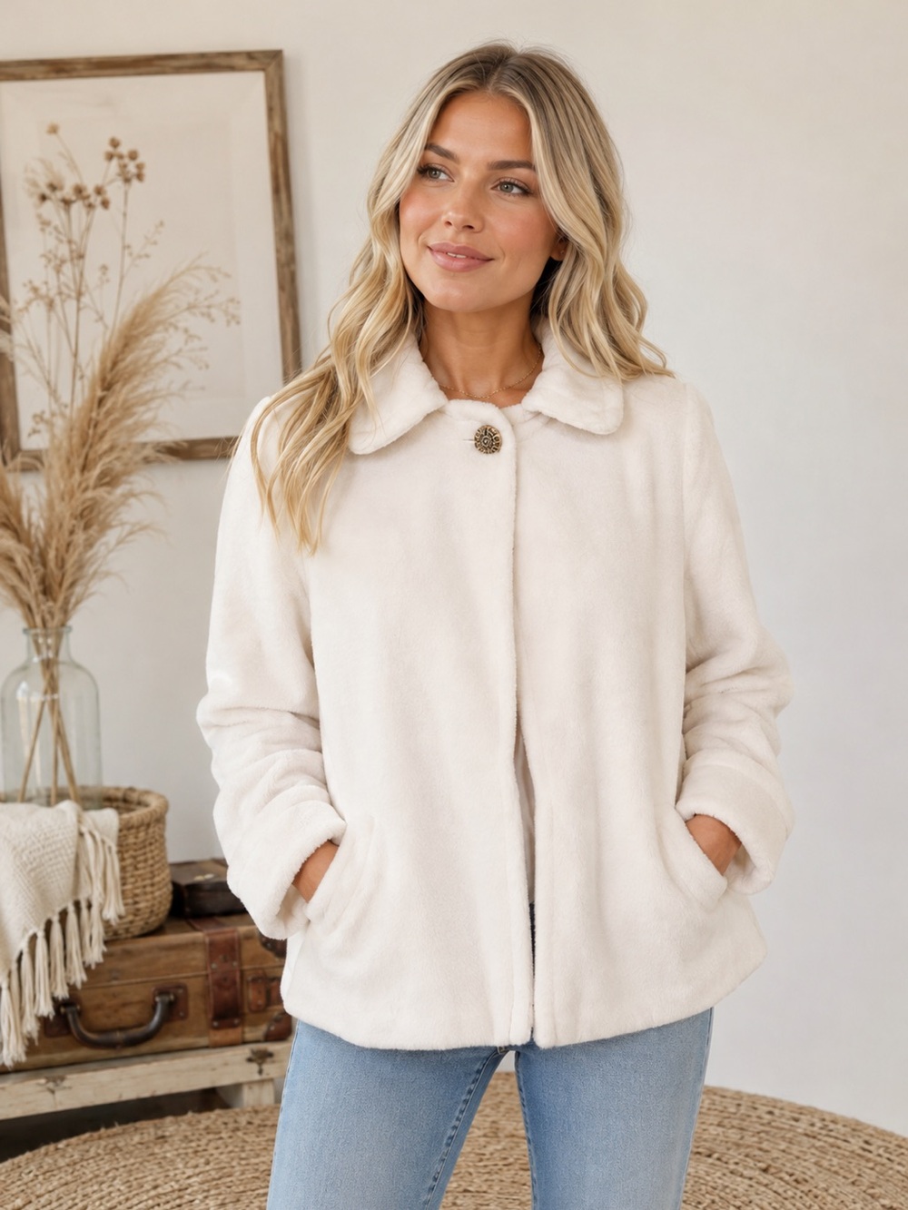 Vintage Cream Plush Button-Front Teddy Jacket with Gold Button